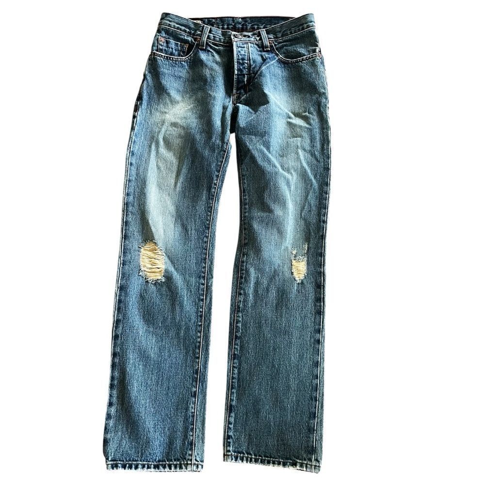 4 Stroke Denim Men's Blue Distressed Jeans Button Up Size 32/34